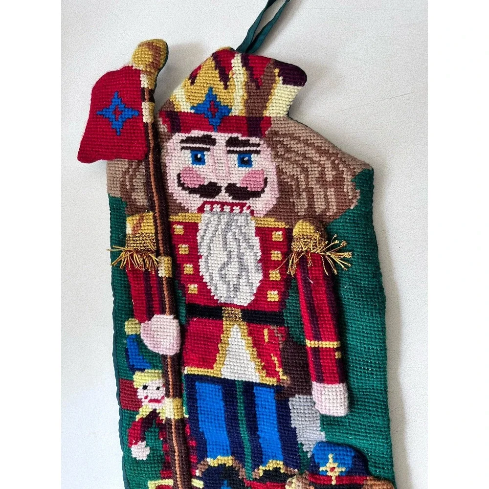 Vintage 2 Handmade Needlepoint Christmas Stockings Nutcracker & Teddy Bear